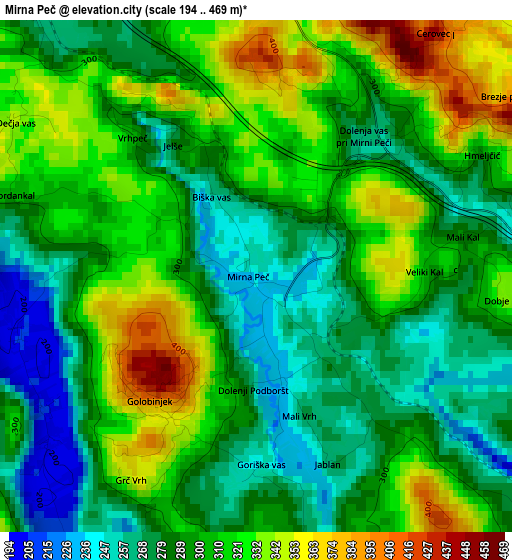 Mirna Peč elevation map