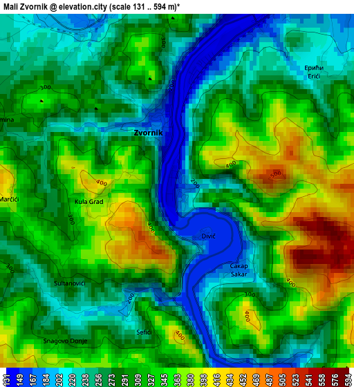 Mali Zvornik elevation map