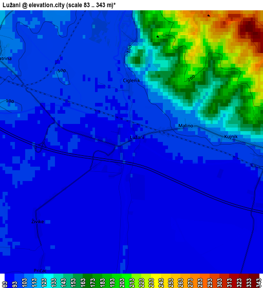 Lužani elevation map