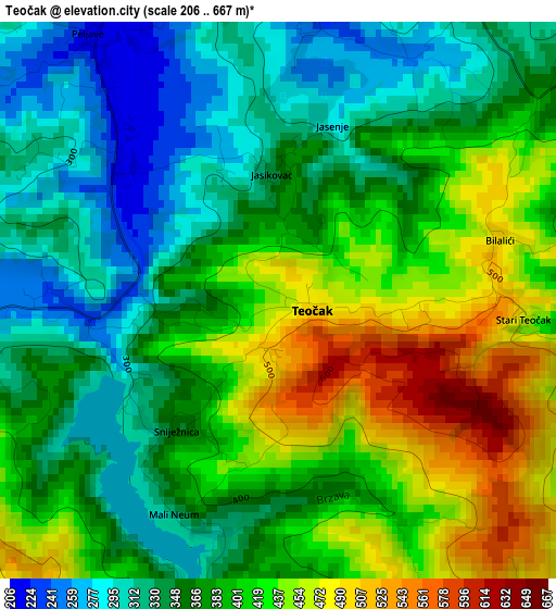 Teočak elevation map