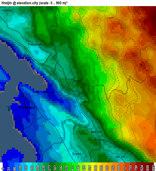 Hreljin elevation map