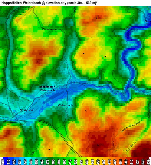 Hoppstädten-Weiersbach elevation map