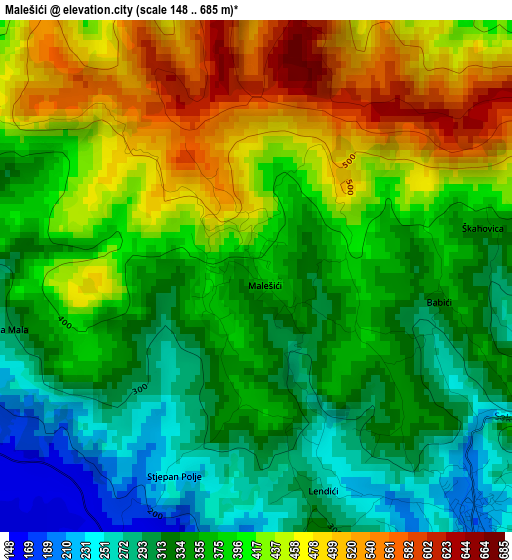 Malešići elevation map