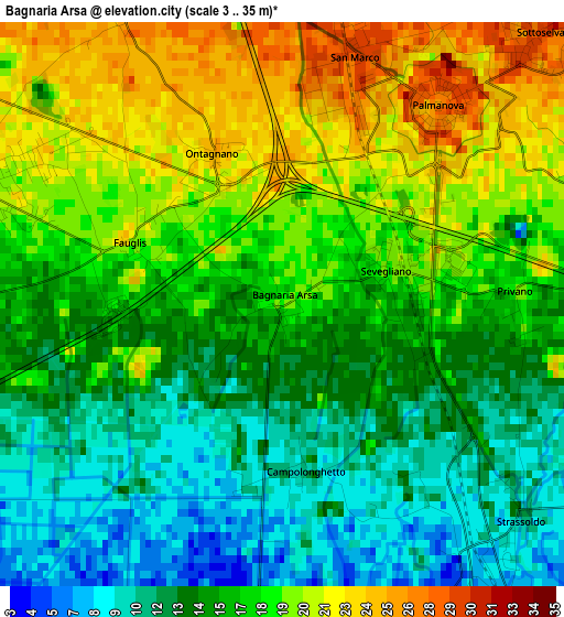 Bagnaria Arsa elevation map