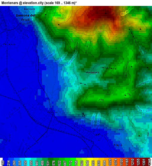 Montenars elevation map