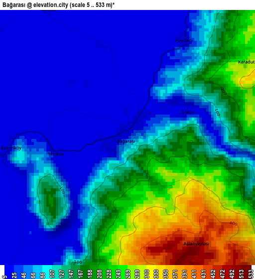 Bağarası elevation map