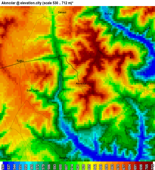 Akıncılar elevation map