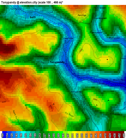 Tonypandy elevation map