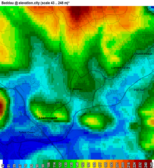 Beddau elevation map