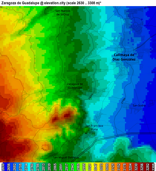 Zaragoza de Guadalupe elevation map