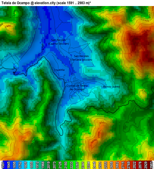 Tetela de Ocampo elevation map