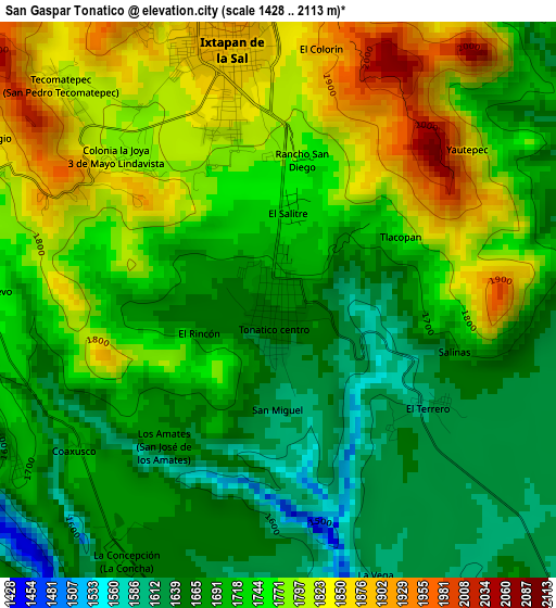 San Gaspar Tonatico elevation map