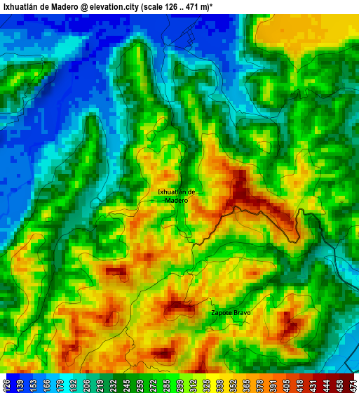 Ixhuatlán de Madero elevation map