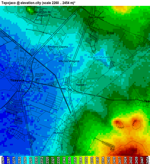 Tepojaco elevation map