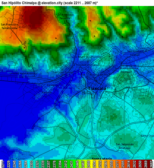 San Hipólito Chimalpa elevation map