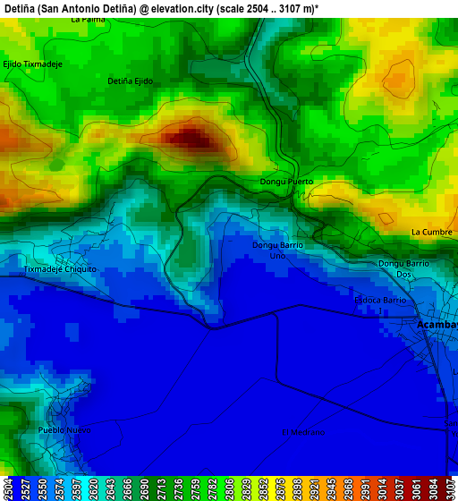 Detiña (San Antonio Detiña) elevation map