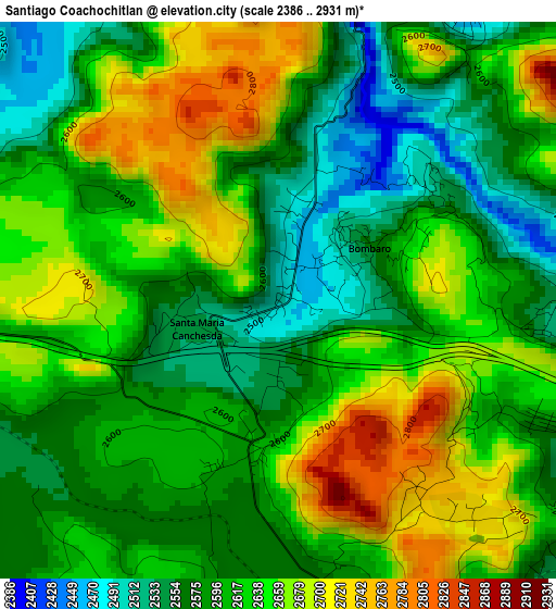 Santiago Coachochitlan elevation map