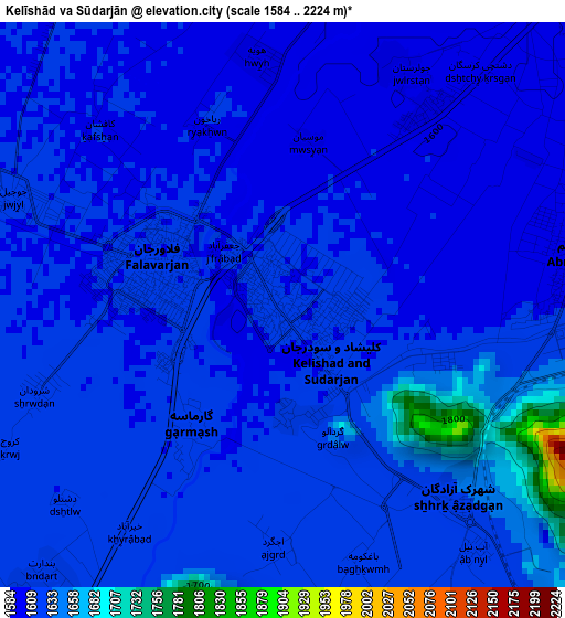 Kelīshād va Sūdarjān elevation map