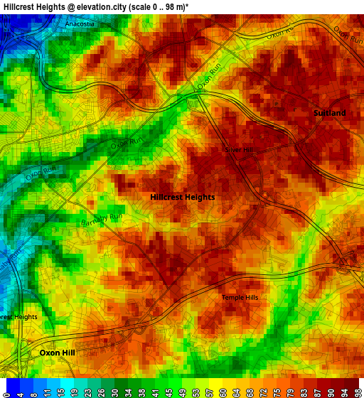 Hillcrest Heights elevation map