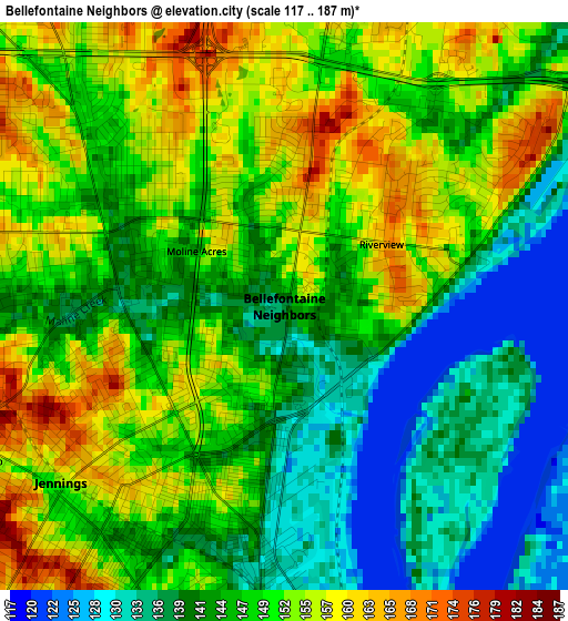 Bellefontaine Neighbors elevation map