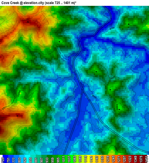 Cove Creek elevation map