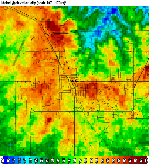 Idabel elevation map