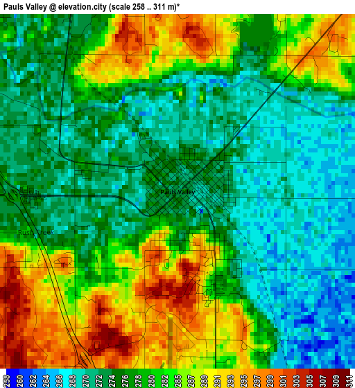 Pauls Valley elevation map