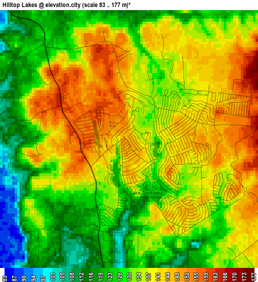 Hilltop Lakes elevation map