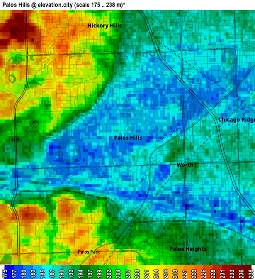 Palos Hills elevation map