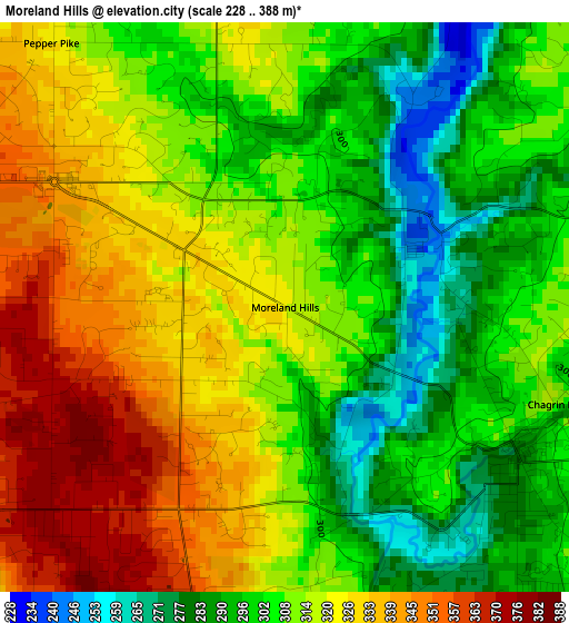 Moreland Hills elevation map