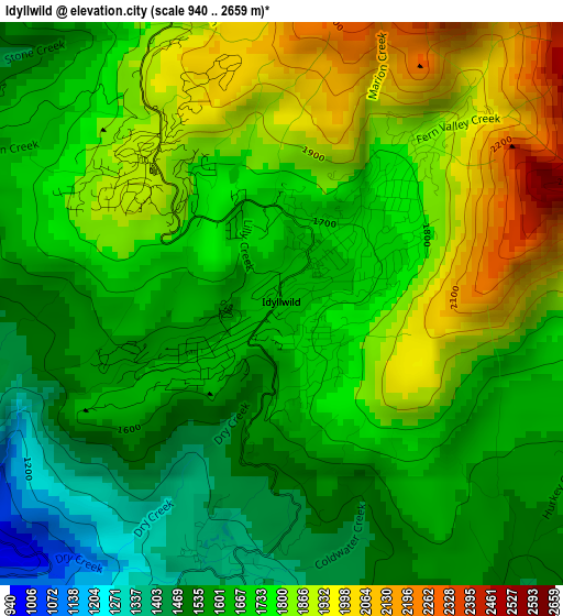 Idyllwild elevation map