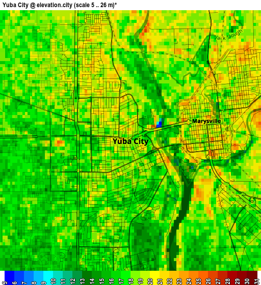 Yuba City elevation map