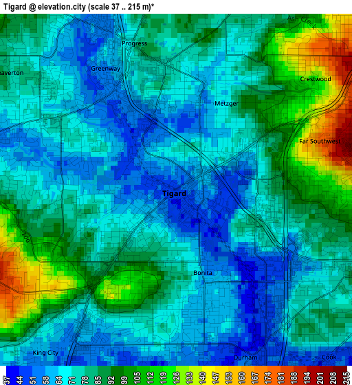 Tigard elevation map