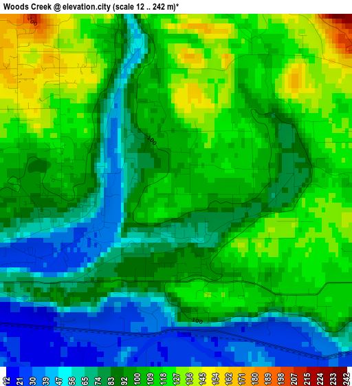 Woods Creek elevation map