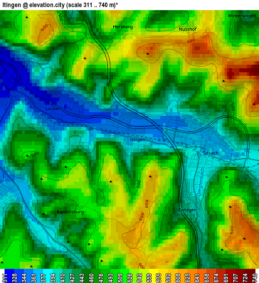 Itingen elevation map