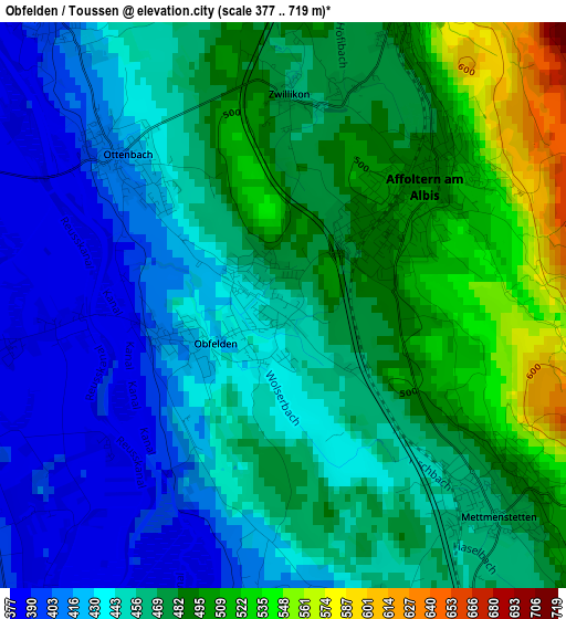 Obfelden / Toussen elevation map