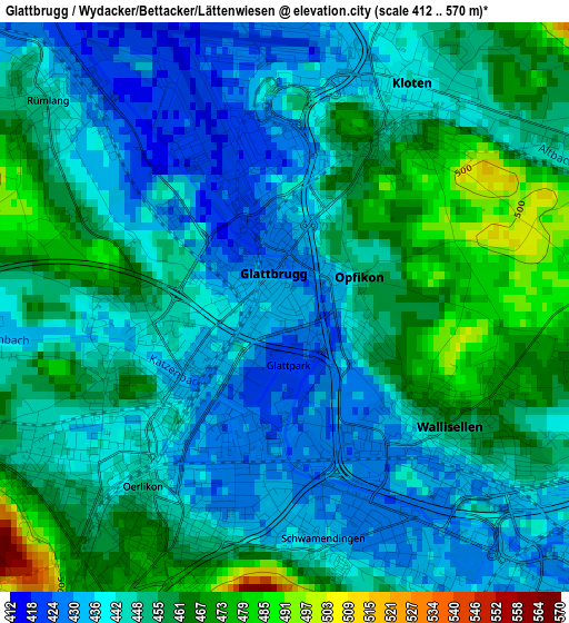 Glattbrugg / Wydacker/Bettacker/Lättenwiesen elevation map