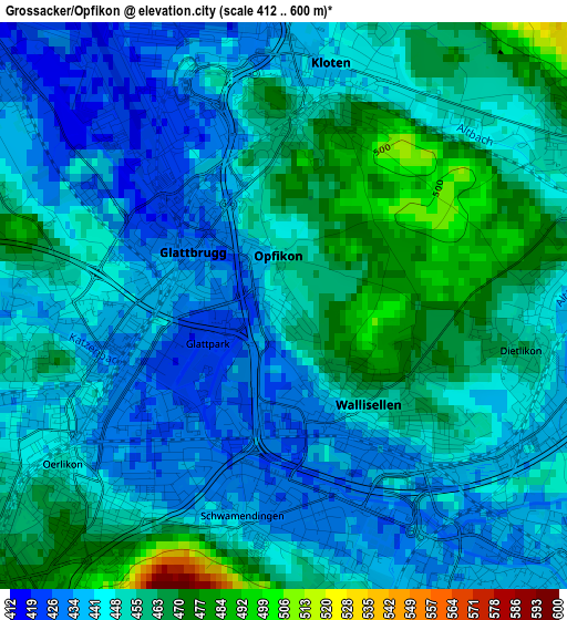 Grossacker/Opfikon elevation map