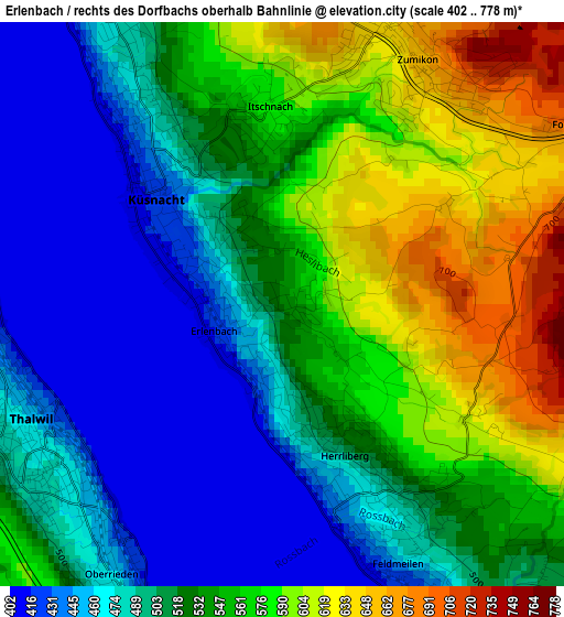 Erlenbach / rechts des Dorfbachs oberhalb Bahnlinie elevation map