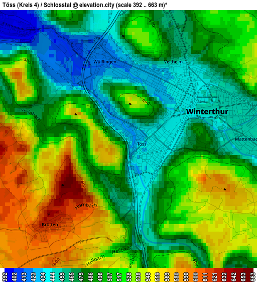 Töss (Kreis 4) / Schlosstal elevation map