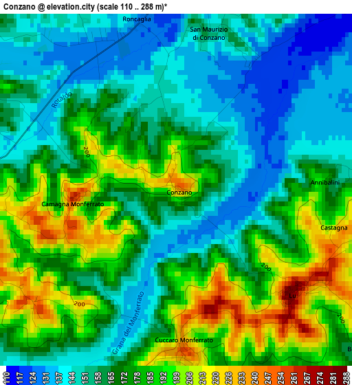 Conzano elevation map