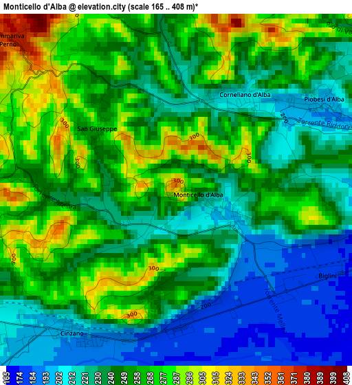 Monticello d'Alba elevation map