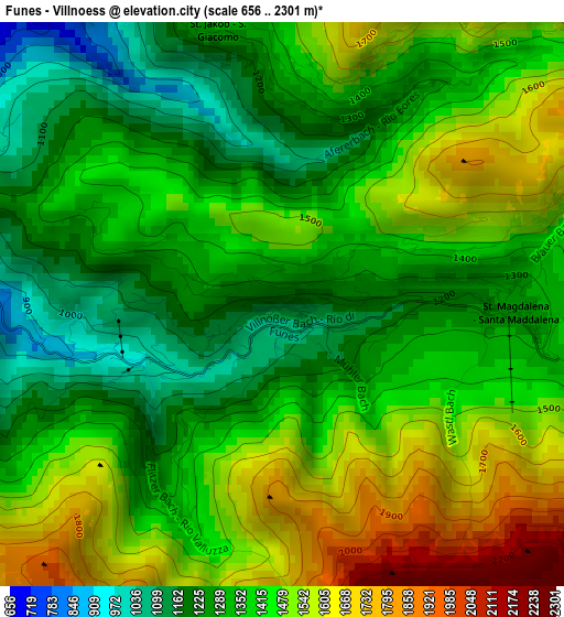 Funes - Villnoess elevation map