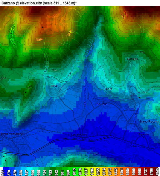 Carzano elevation map