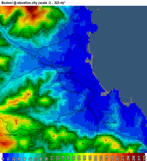 Budoni elevation map