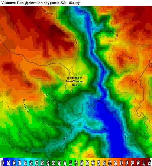 Villanova Tulo elevation map