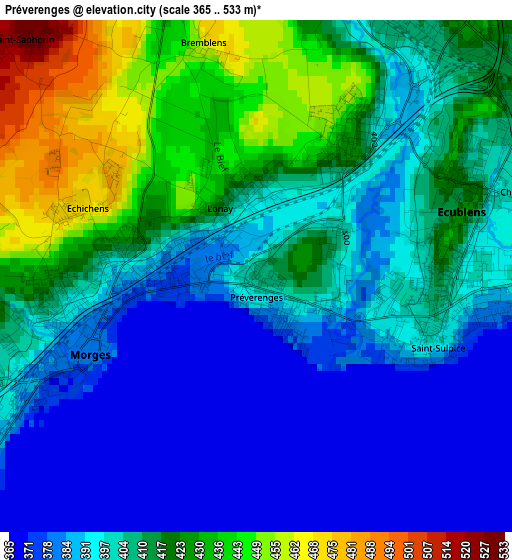 Préverenges elevation map