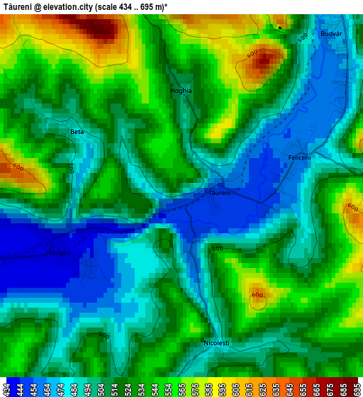 Tăureni elevation map