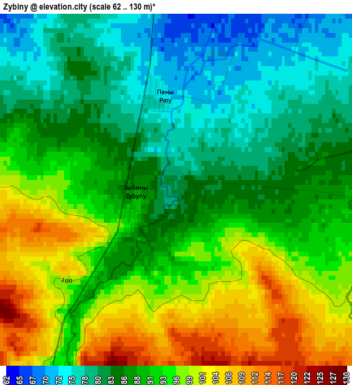 Zybiny elevation map