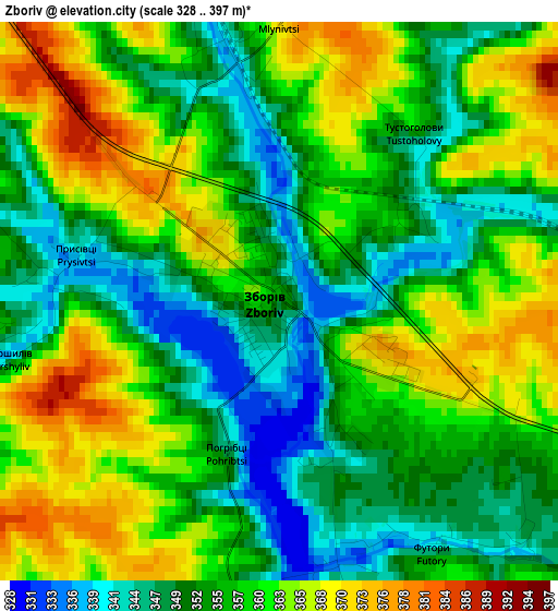 Zboriv elevation map